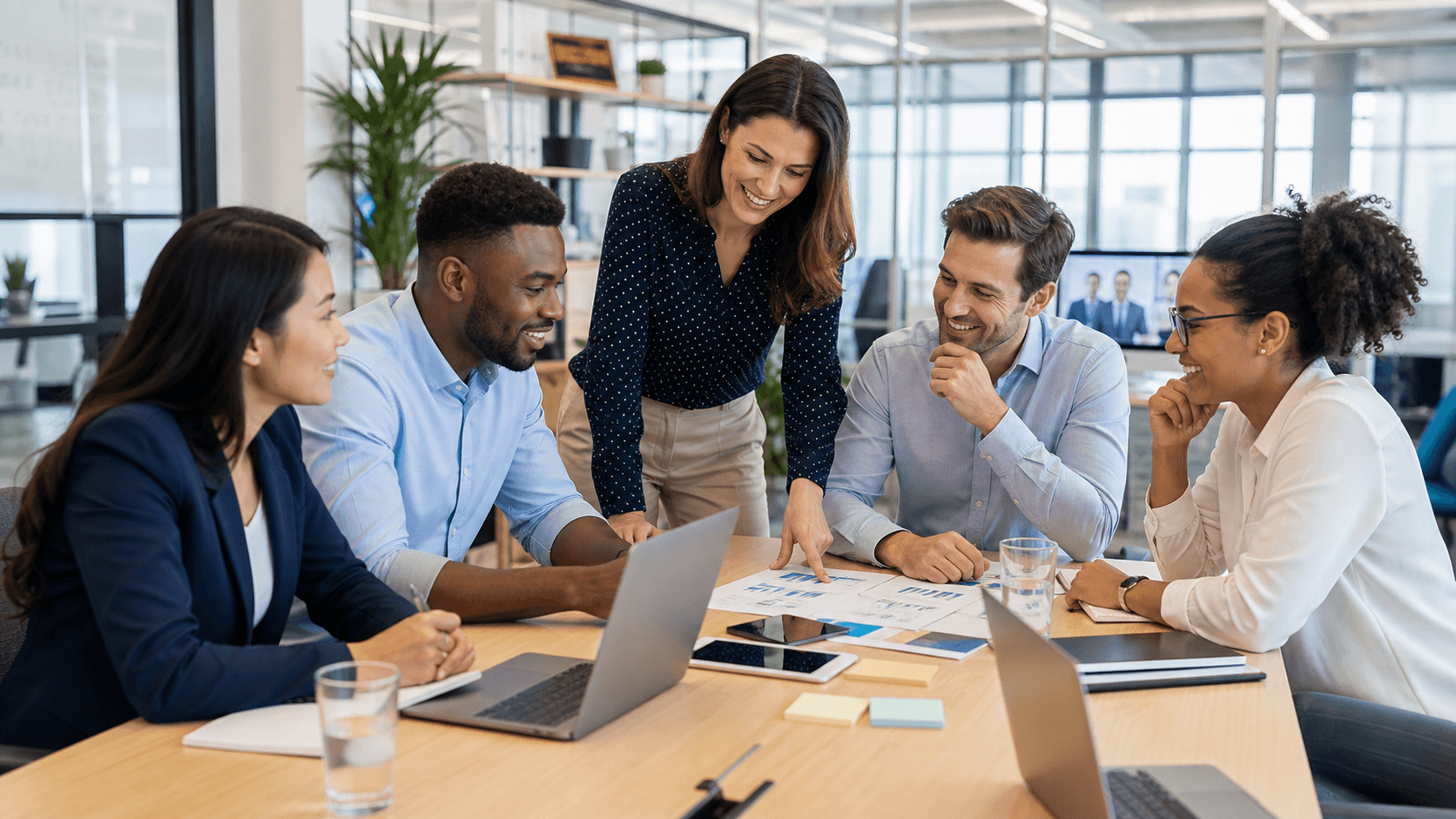 Professional team collaborating around project materials in a modern office